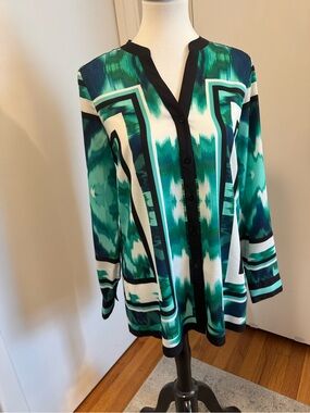 Calvin Klein Geometric Print Blouse Green Black Tunic Top Size Small